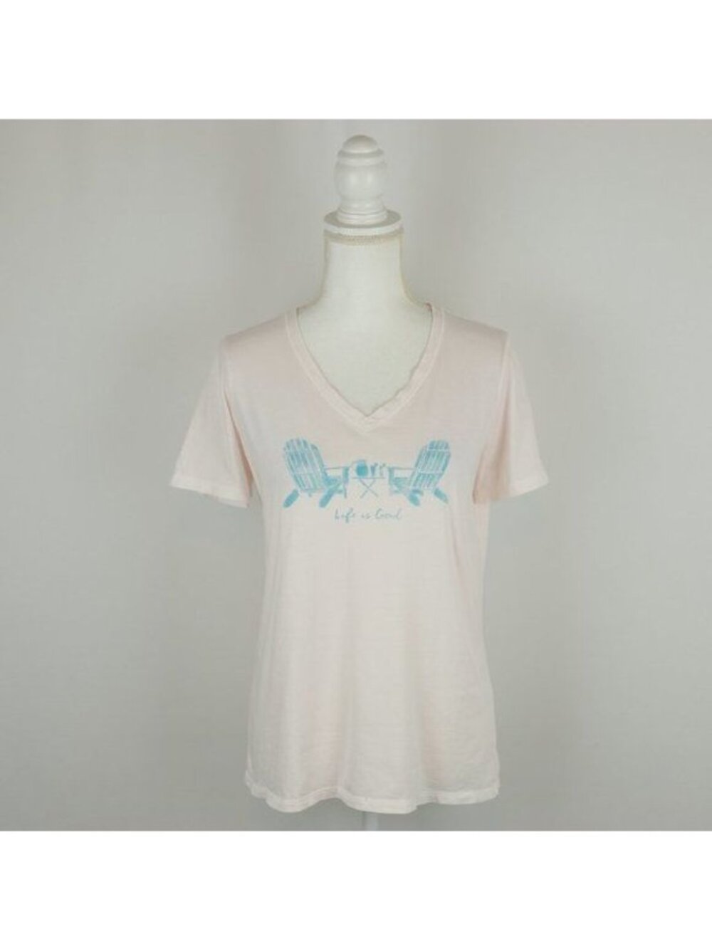 Life Is Good Women's Medium Pink Blue Lakeside Inspired Casual Short Sleeve Tee